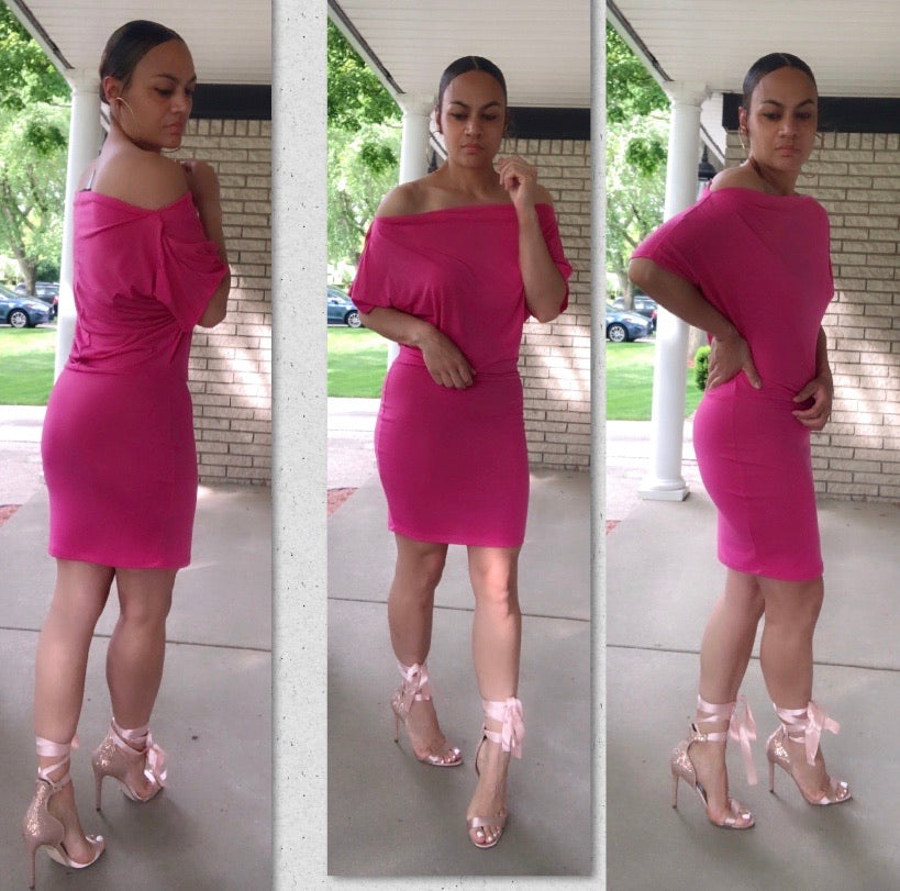 SINCERE OFF THE SHOULDER MIDI DRESS (FUCSHIA)